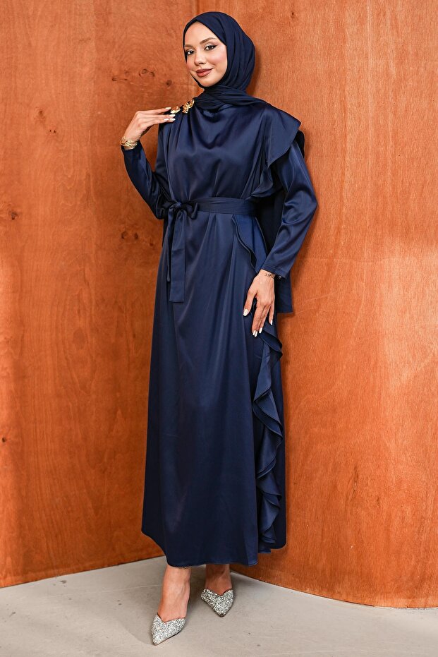 Navy Blue Shoulder Ruffled Satin Evening Dress