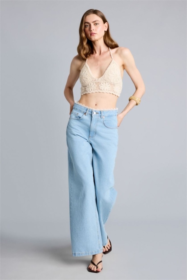 100% Cotton High Waist Wide Leg Light Blue Jean Trousers H8498Ax26Sp