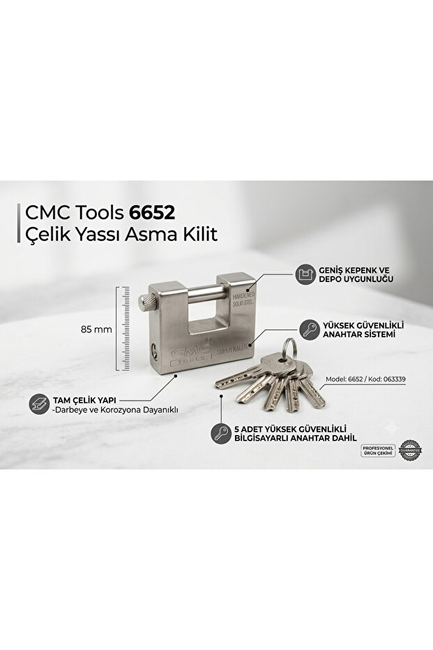 Tools 6652 Steel Flat Padlock 85 mm - High Security Shutter and Warehouse Lock (5 Keys Included)