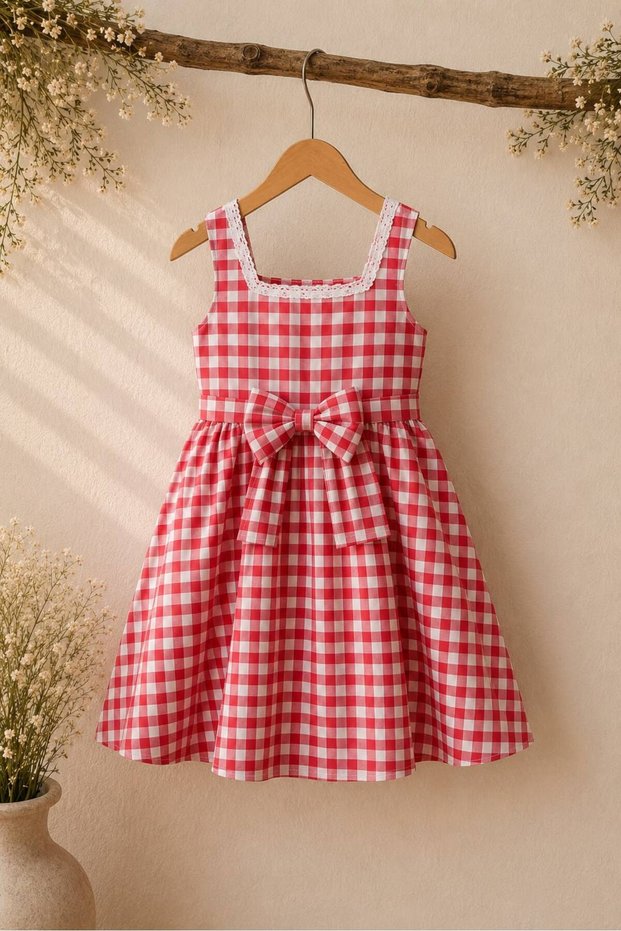 Girl's Red Gingham Square Collar White Lace Dress