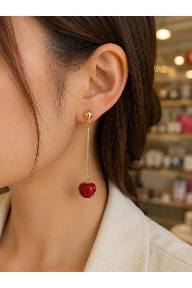 Gold Color Cherry Figured Dangle Earrings for Women – Stylish Design with Long Chain Detail