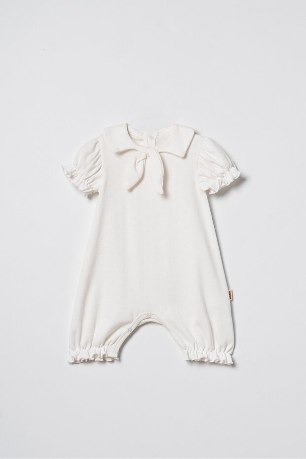 Baby Girl Cotton Ecru Bow Collar Short Jumpsuit