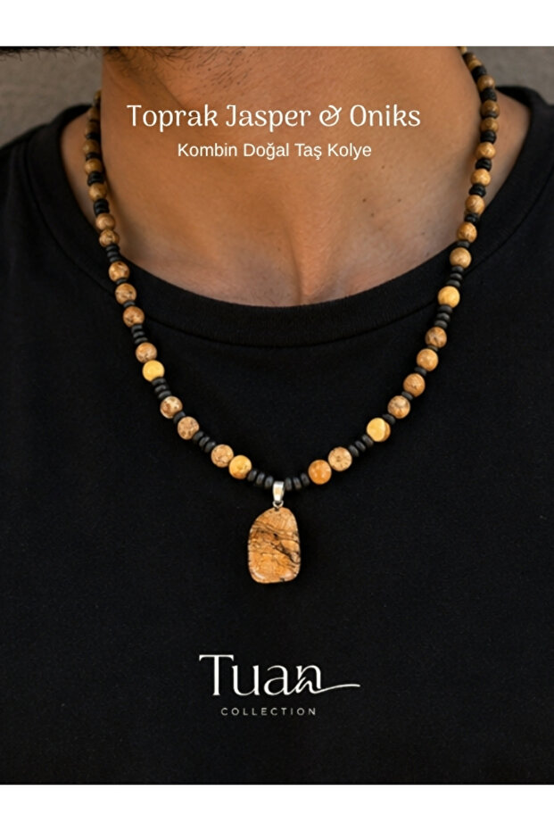 Earth Jasper & Onyx Natural Stone Necklace Unisex Handmade Natural Stone Necklace Special Design