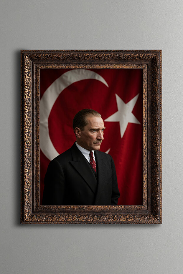 Ataturk in Front of the Turkish Flag - Vintage Patterned Painting - Thick Model