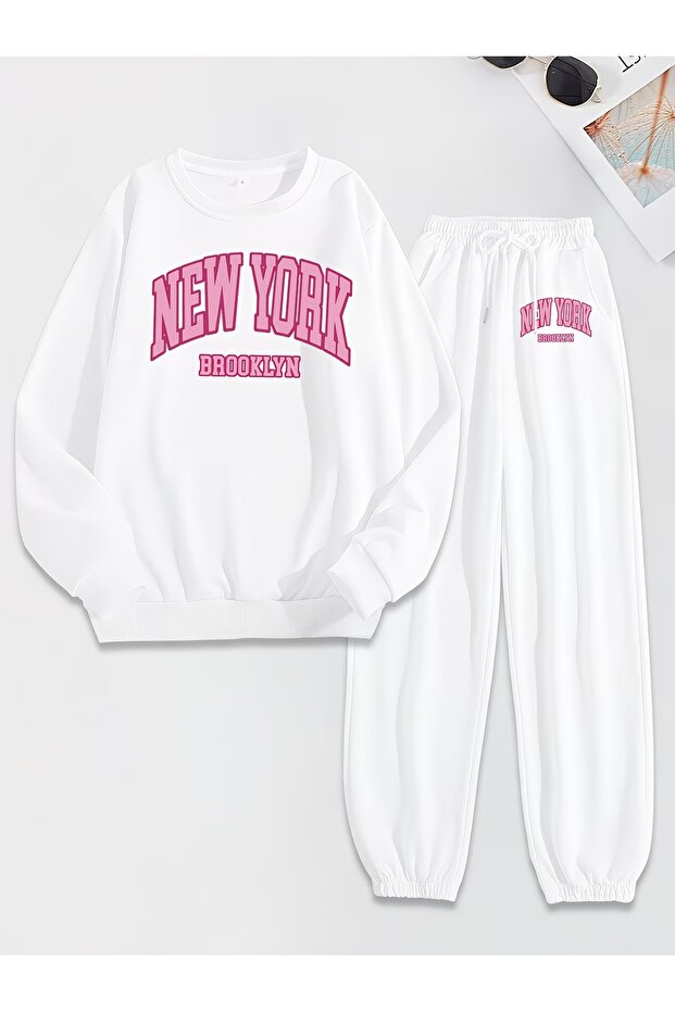 Unisex Men Women New York Brooklyn Pink Lettering Printed 3 Thread Crewneck Sweatsuit Set
