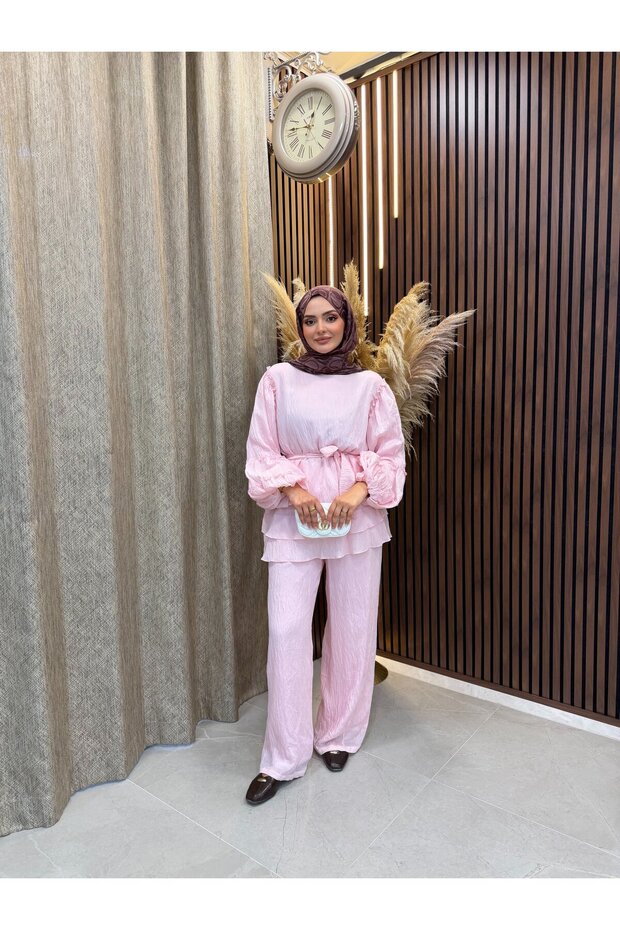Vina Layered Ruffle Detailed Belted Double Set | Pink