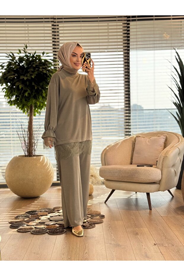 260154 Elegant Skirt with Lace Hem Suit Khaki