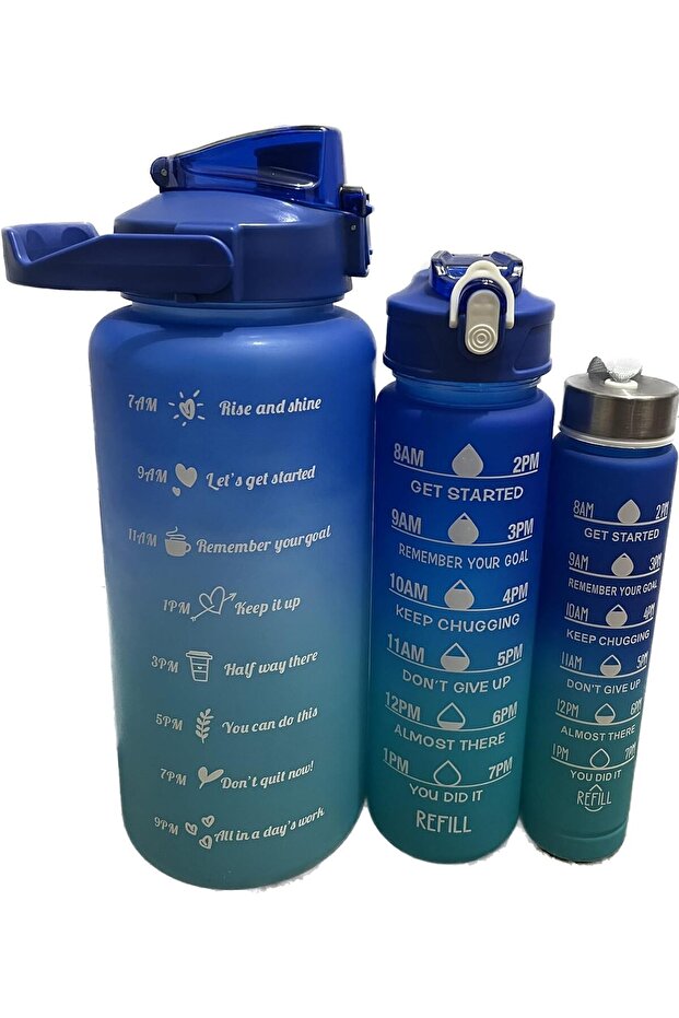 3 Pack Sports Water Bottle With Straw - 2L+900ml+300ml Measured Plastic Drinking BPA Free.