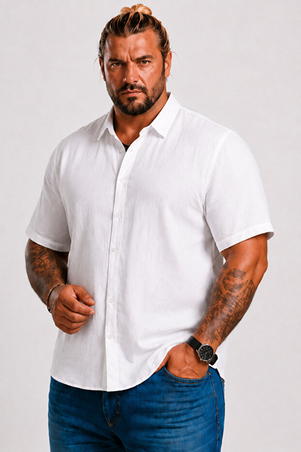 Men's Large Size Short Sleeve Pocketless Linen Shirt 11310 White