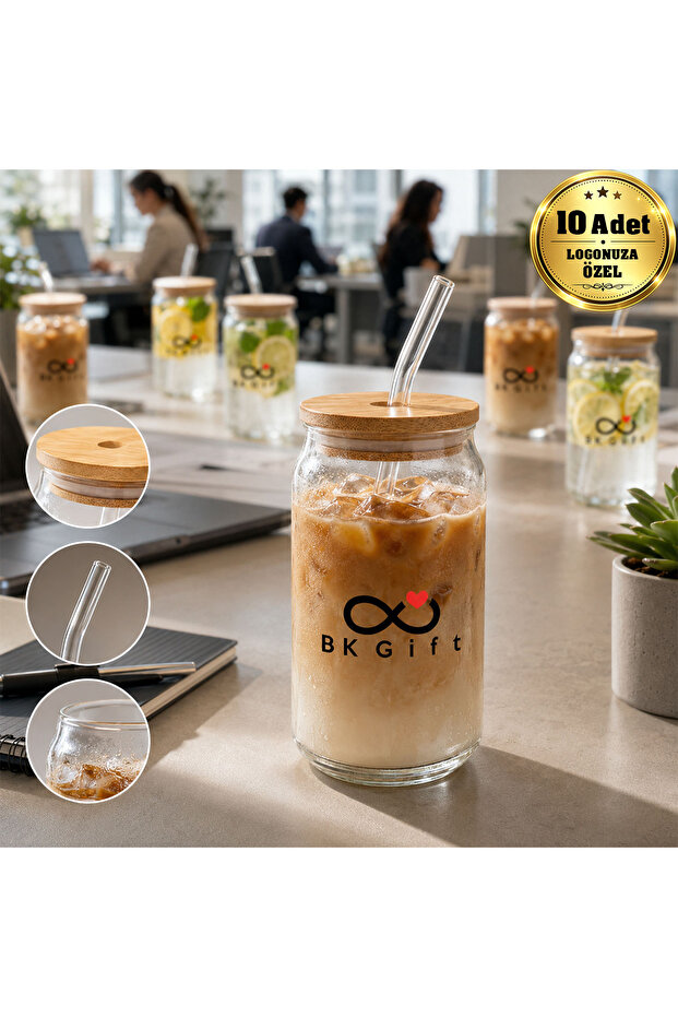 10 Special Glass Cups with Bamboo Lids and Straws for Your Logo, 540 ml