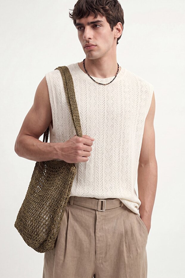 Beige Embroidered Sleeveless T-Shirt