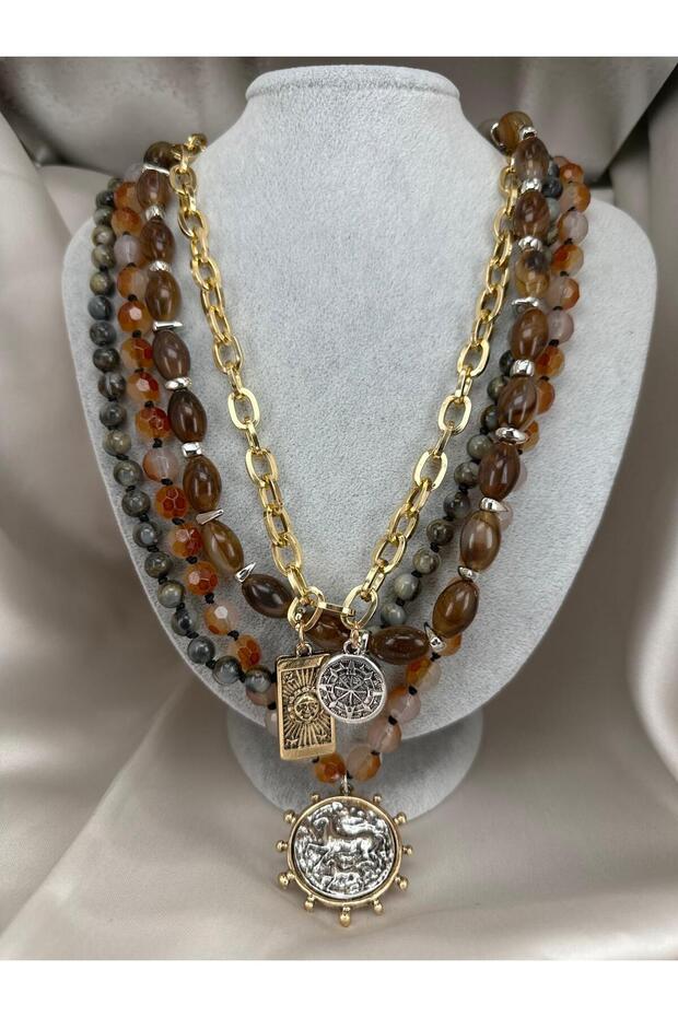 Women's Multi-Layered Gold Chain Natural Stone Look Medallion Detailed Bohemian Stylish Necklace