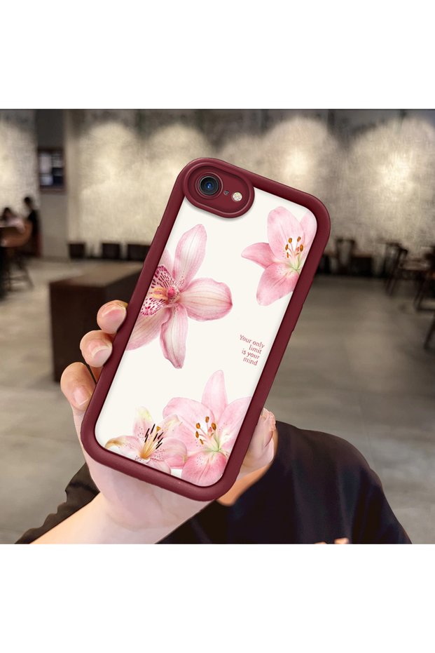 iPhone 7/8/Se 2020 2022 Compatible Case Camera Protector Burgundy Silicone Couple Phone Case Floral Pattern