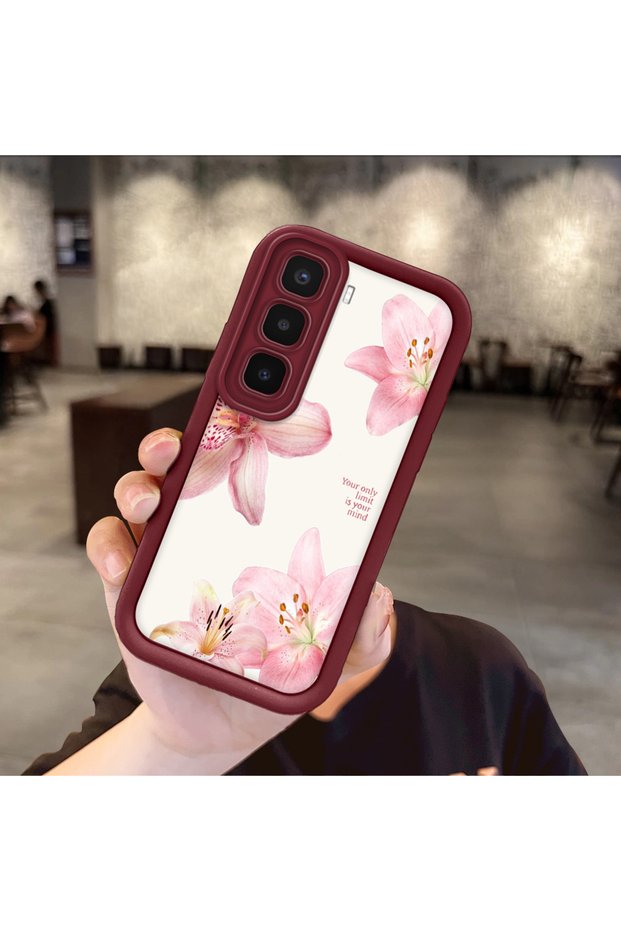 Tecno Spark 40 Pro Plus Compatible Case Camera Protector Burgundy Silicone Couple Phone Case Floral Pattern