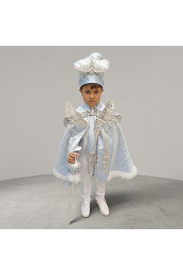 Luxury Wing Detailed Circumcision Outfit Set - Prince Circumcision Outfit with Blue Feathered Cape