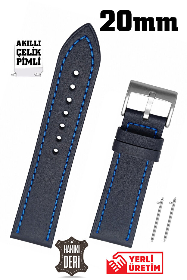 20mm Navy Blue Stitched Sport Genuine Leather Watch Band Strap with Smart Pin