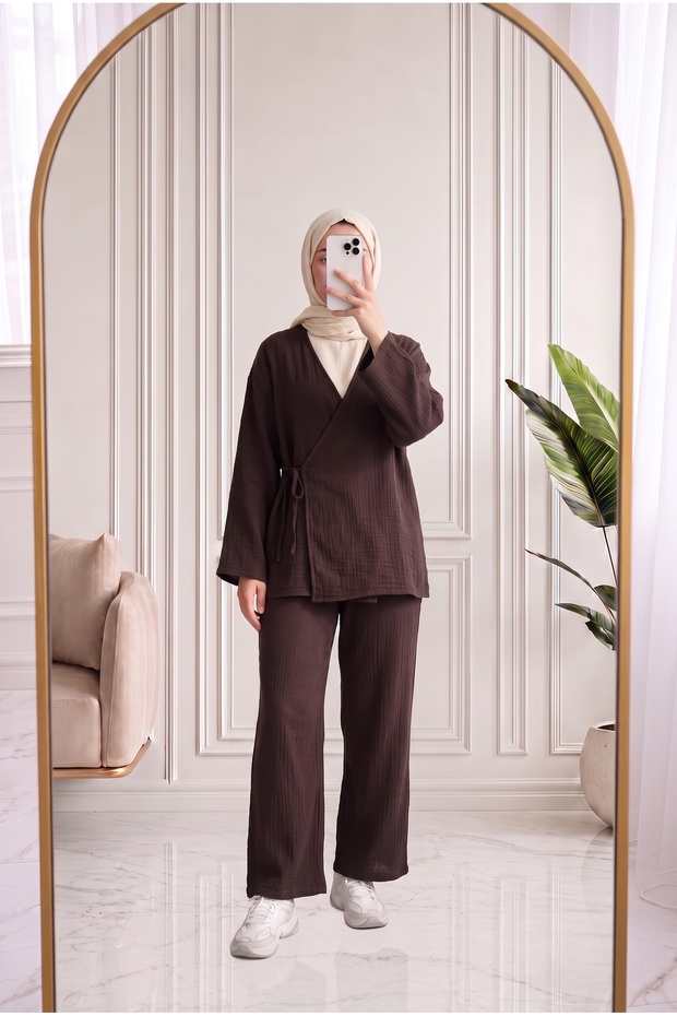 Ayhan Tied Muslin Set-As521 Brown