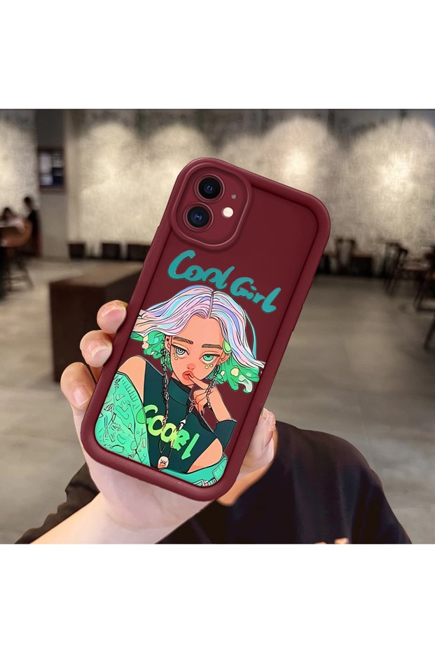 iPhone 11 Compatible Case Camera Protector Burgundy Silicone Couple Phone Case Girl Pattern