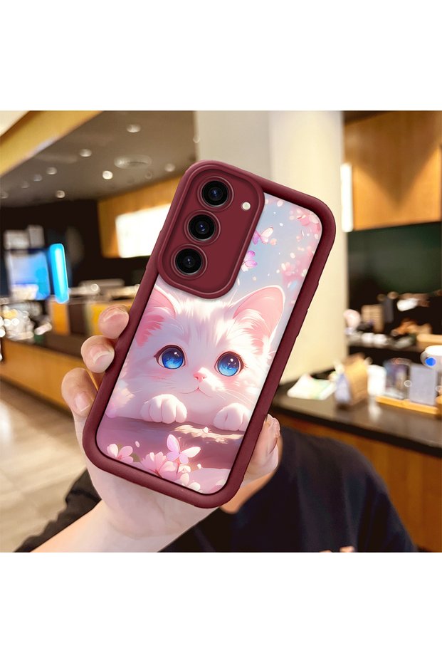 Samsung Galaxy S23 Compatible Case Camera Protector Burgundy Silicone Couple Phone Case Cat Pattern