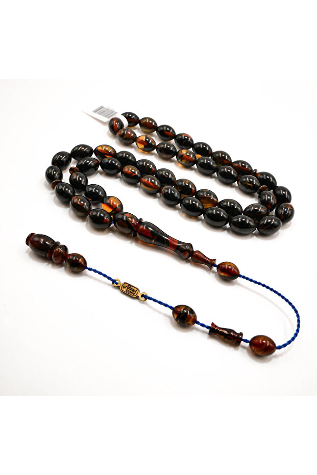 Muski Rosary 45 Beads 9x12.5mm Dark Brown Pattern Prayer Beads Tasbih 33g Blue Braided Tassel