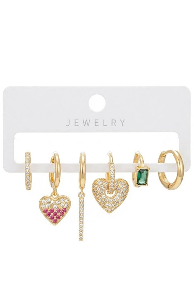 Gold Zircon Stone Heart Figured Colorful Stone 6-Piece Multi Earring Hoop Set