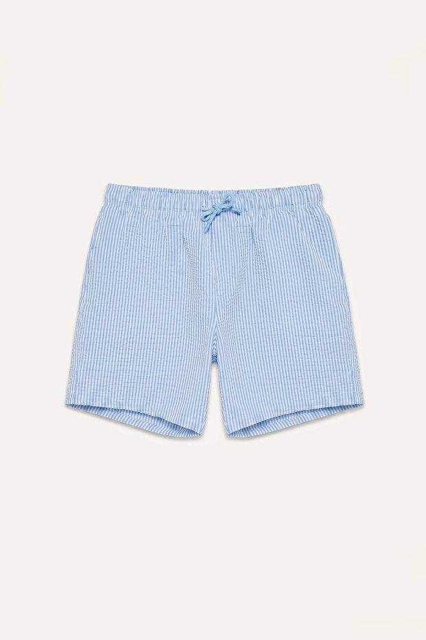 B7535Axbe791 Blue Elastic Waist Mesh Lined Striped Short Length Swim Shorts