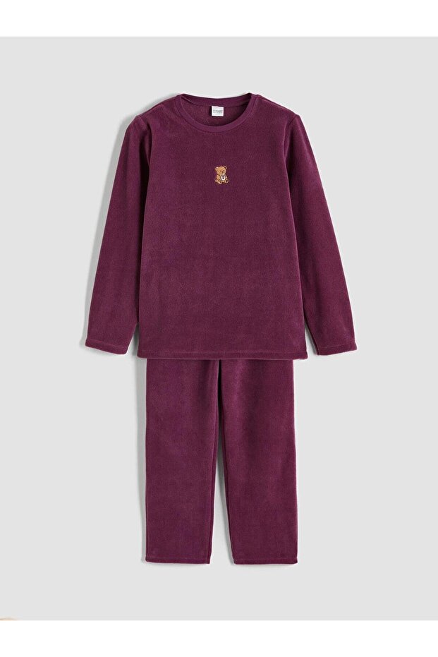 Bear Embroidered Girls' Fleece Pajama Set (W6)