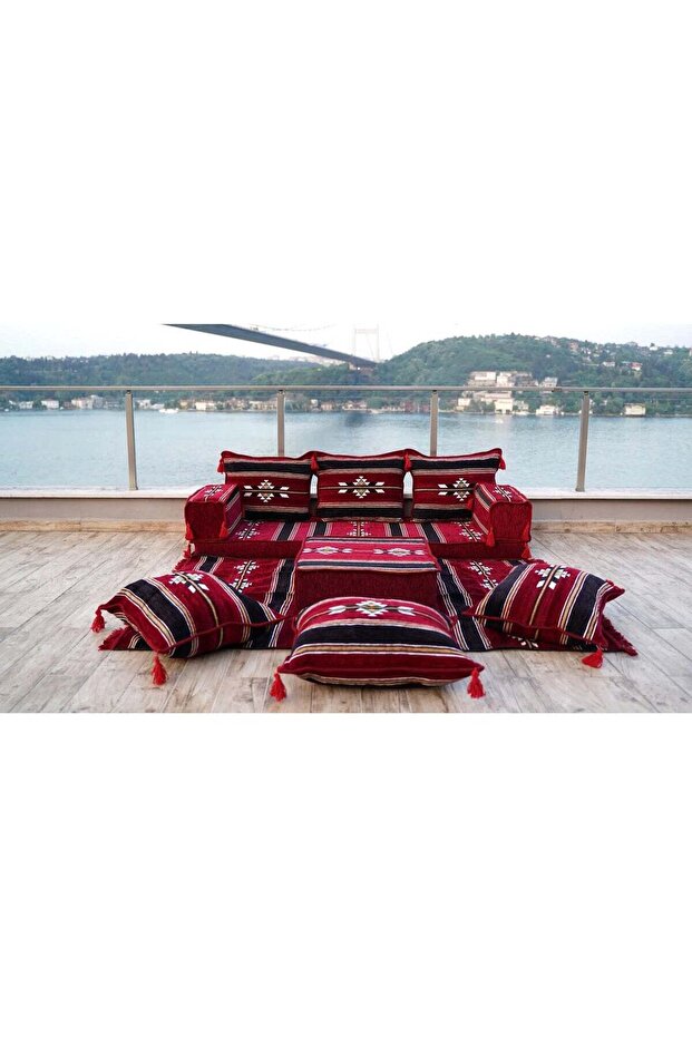 Maroon Damascus Stripe: Single Floor Sofa Set – Arabic Majlis Seating – Sectional Floor Sofa – Handmade Arabic Floor Sofa