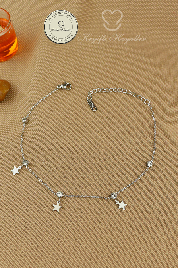 316L Steel Anklet | Zircon Stone Dangling Star Chain Steel Anklet 20+5 cm Non-Tarnish Non-Fade