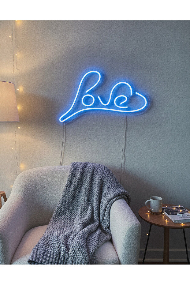 Love Yazılı LED Neon Duvar Tablosu | Mavi Aydınlatmalı Modern Dekor | Yatak Odası - 4