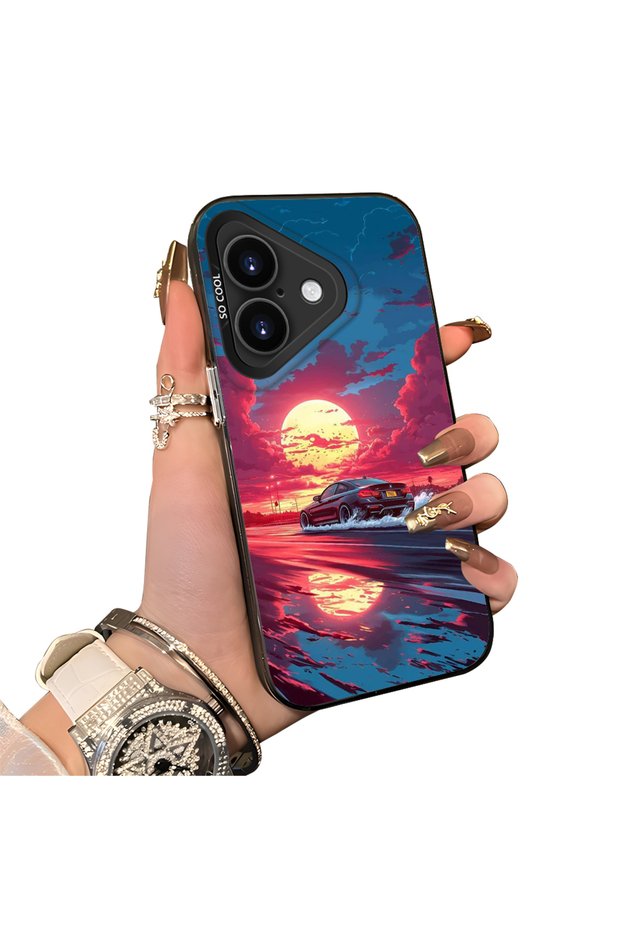 iPhone 17 Compatible Silicone Edge Hard Back Case Couple Phone Case Sunset Patterned