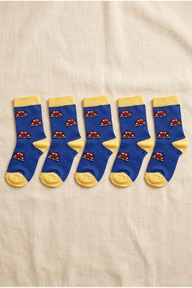 Boy's Yellow Navy Blue 3-4 Years Old 5-Piece Sock Set with Car Figures