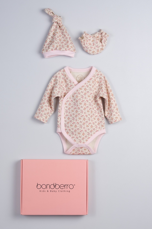 100% Cotton Set of 3 Baby Double-Breasted Hat, Gloves and Bodysuit (Pink Floral)