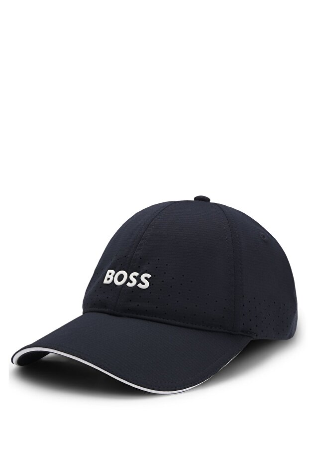 Men's Shiny Embossed Logo Patterned Navy Blue Hat
