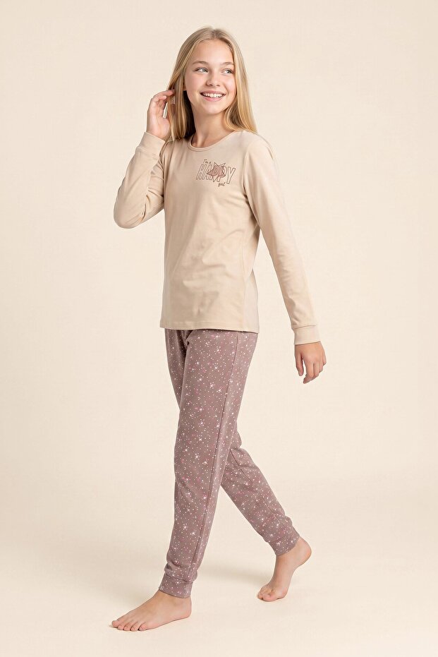 Young Girl's Cotton Crew Neck Printed Long Sleeve Pajama Set 9288 Beige