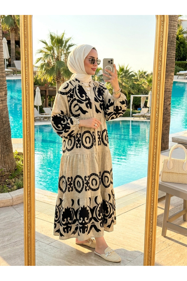 Women's Bohemian Patterned Layered Long Sleeve Hijab Dress