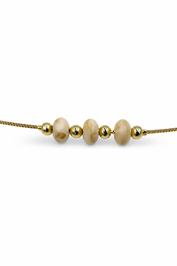 Women's Yellow Tone Chain and Marble Patterned Cream Beaded Stylish Bracelet