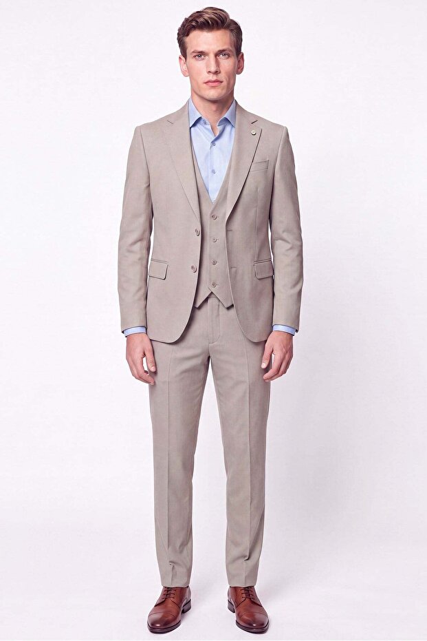 Slim Fit Double Slit 97% Wool Textured Patterned Stretchy Beige Vest Suit Tk 927