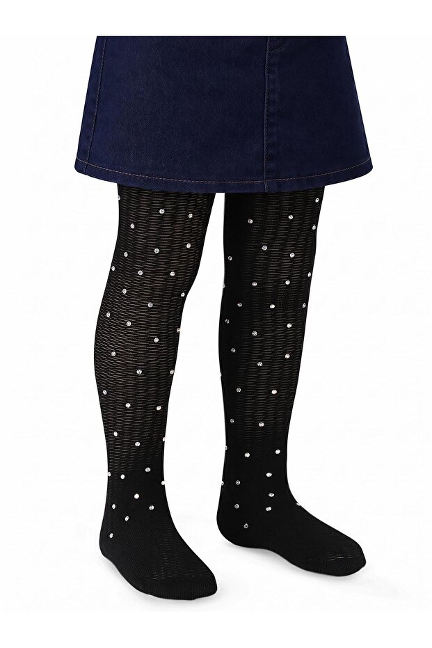 File Honeycomb Patterned Stoned Pantyhose for 2-12 Years - Black