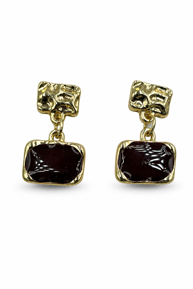 Yellow-Toned Textured Square and Burgundy Enamel Detailed Stylish Bijouterie Drop Earrings