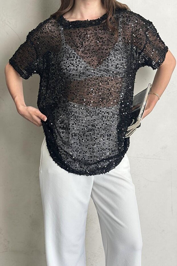 Black Sequined Mercerized Mesh Blouse - Shimmering Transparent Textured Women's T-Shirt / Top