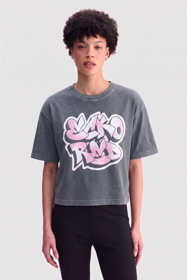 Lila Loose Fit Crew Neck Printed 100% Cotton Women's Gray T-Shirt