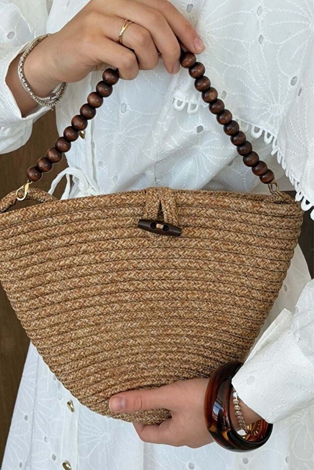Piccolo Handmade Beaded Dty Straw Bag Camel