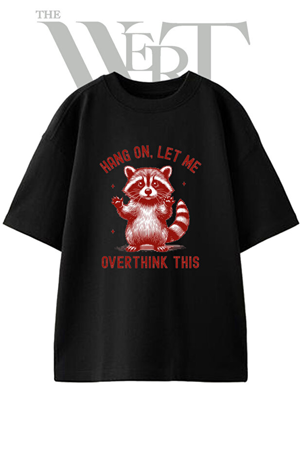 Raccoon Illustration Design Printed Unisex Black Oversize T-Shirt