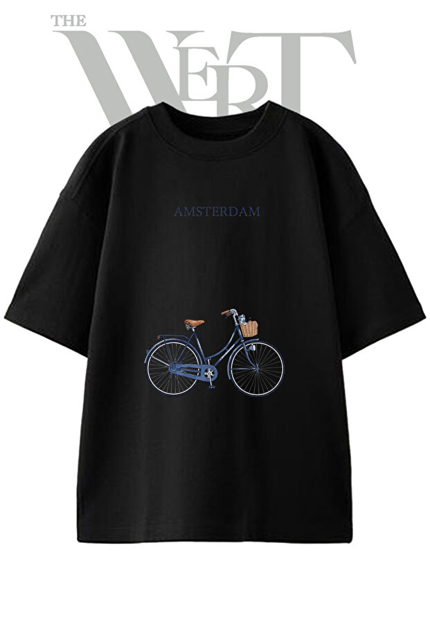 Amsterdam Bicycle Design Printed Unisex Black Oversize T-Shirt