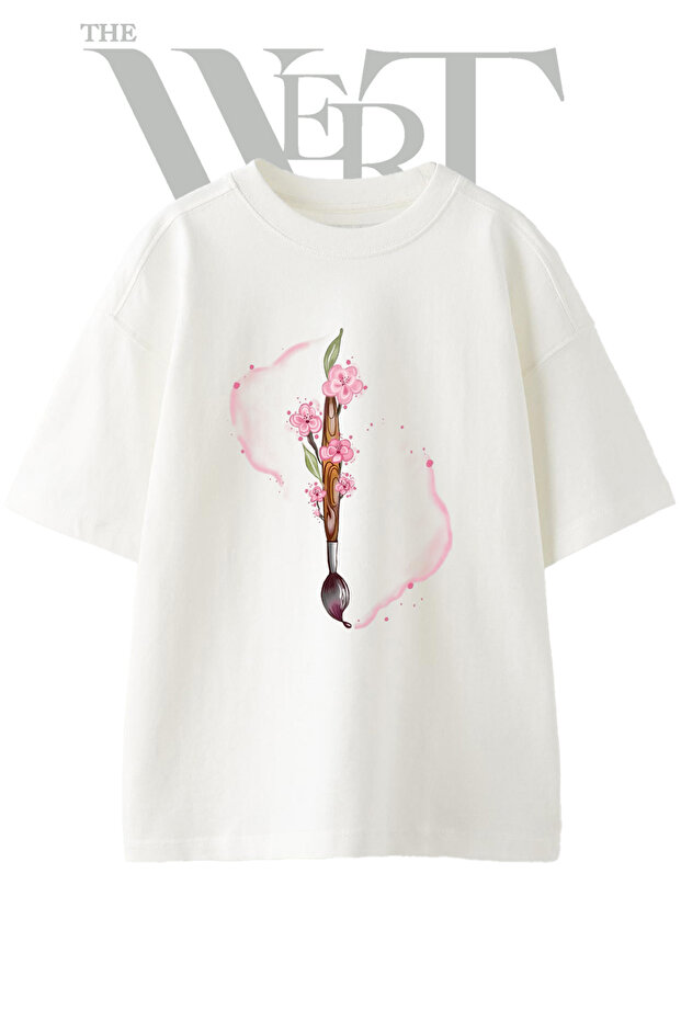 Firca Sakura Design Printed Unisex White Oversize T-Shirt