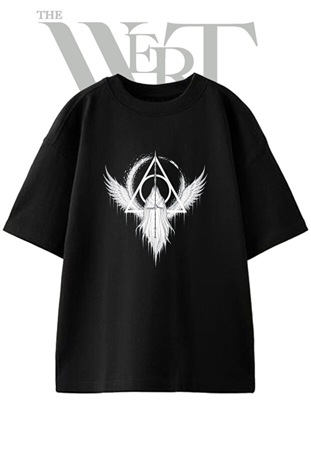 Deathly Hallows Reaper Design Printed Unisex Black Oversize T-Shirt