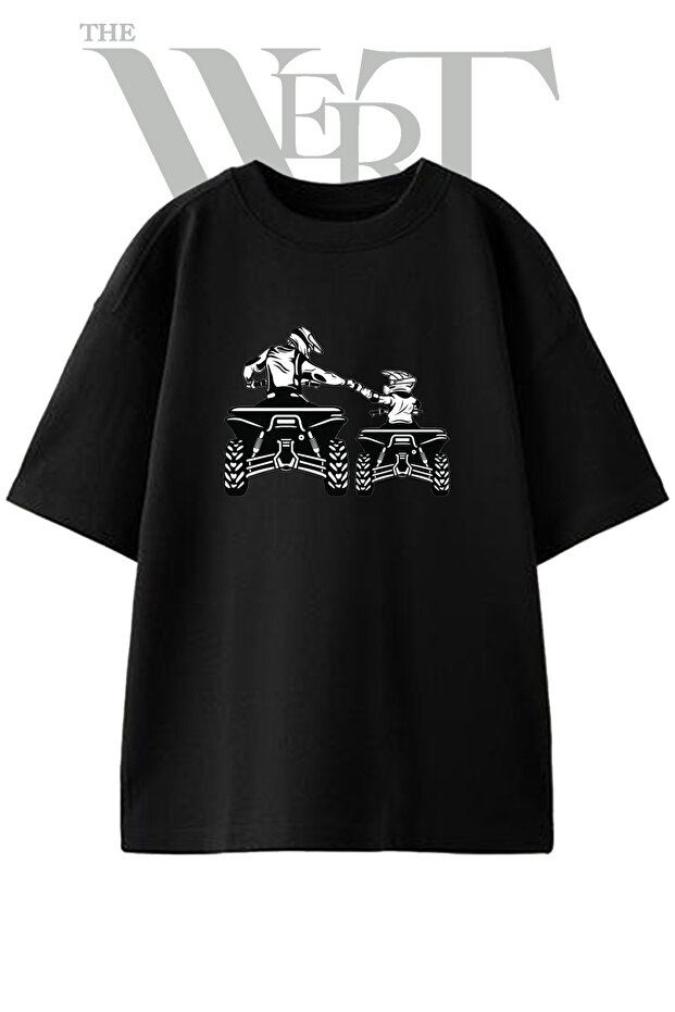 Atv Father and Child Design Printed Unisex Black Oversize T-Shirt