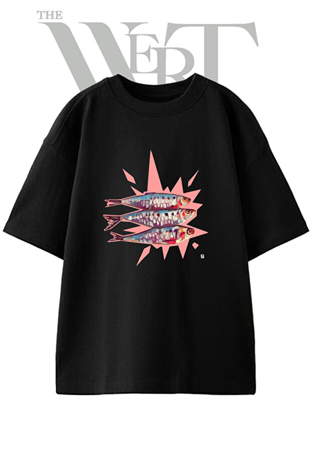 Sardine Art Design Printed Unisex Black Oversize T-Shirt