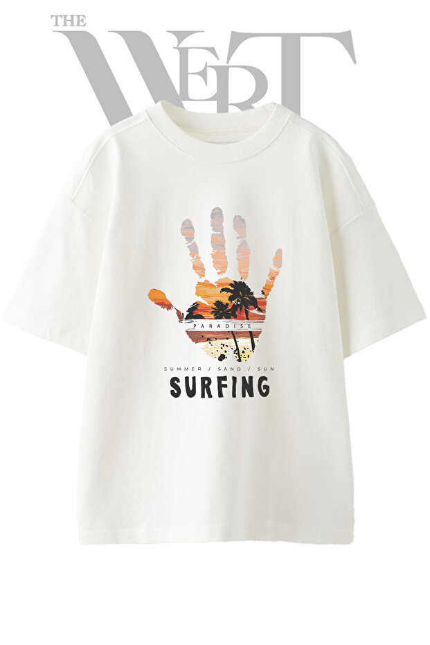 Surfing Handprint Design Printed Unisex White Oversize T-Shirt